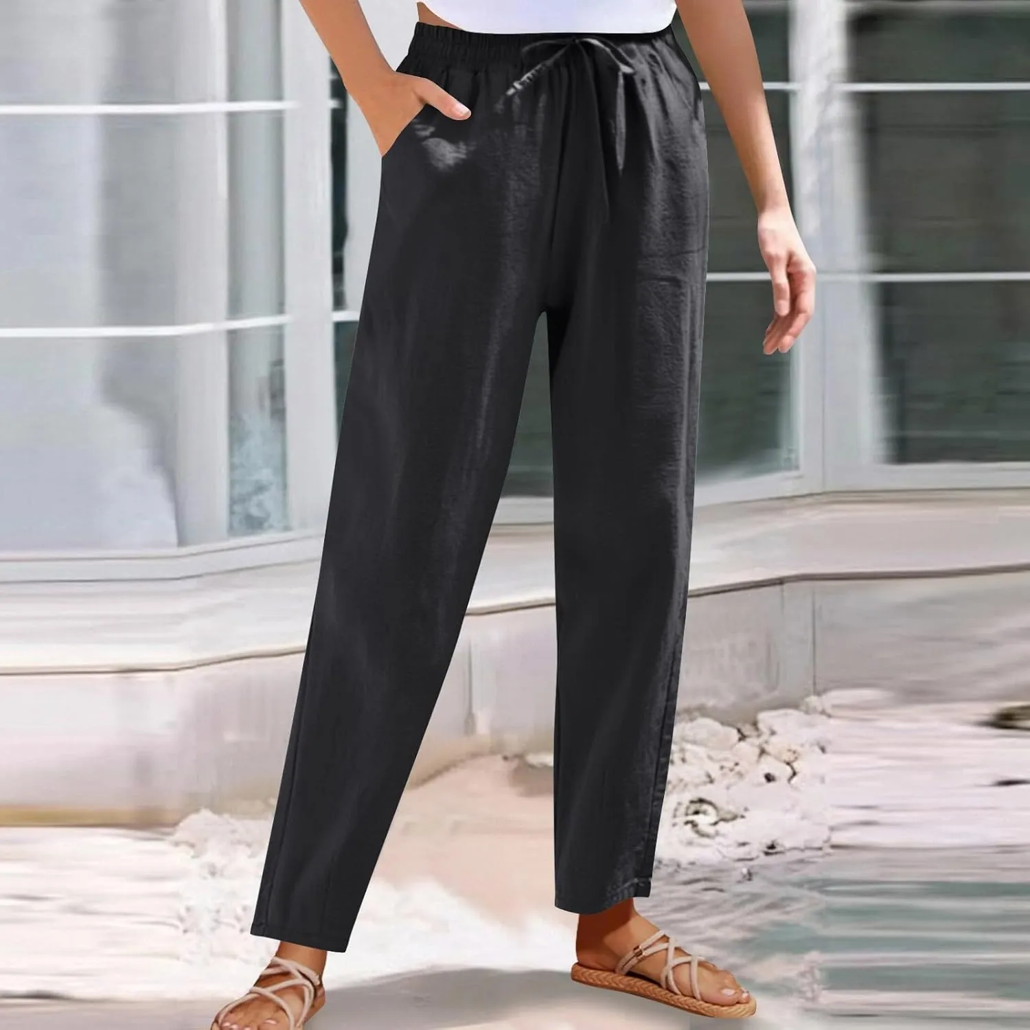 Women Cotton Linen Pants Summer Drawstring Elastic Waist Straight Trousers Casual Wide Leg Beach Pants with Pockets