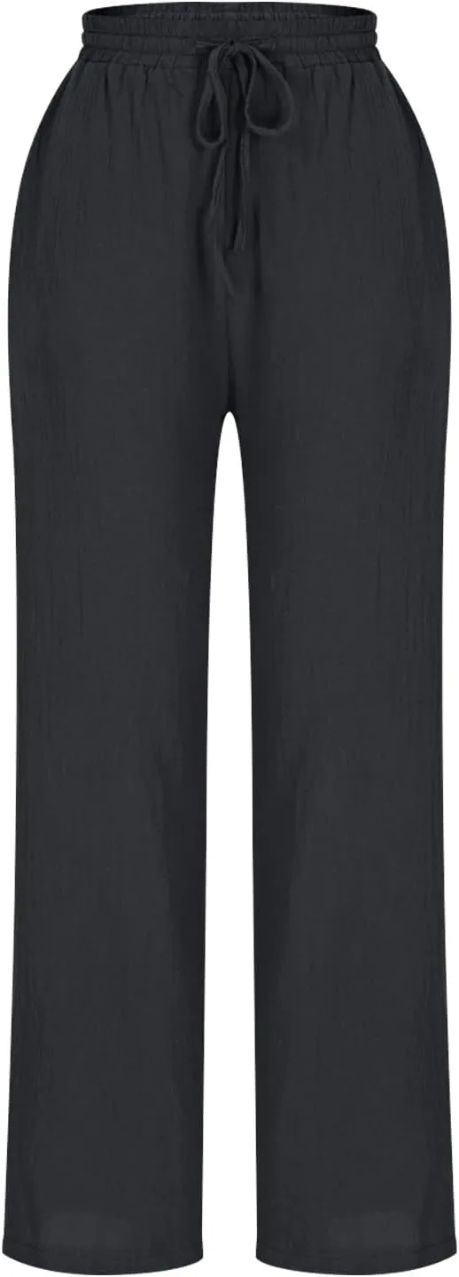 Women Cotton Linen Pants Summer Drawstring Elastic Waist Straight Trousers Casual Wide Leg Beach Pants with Pockets