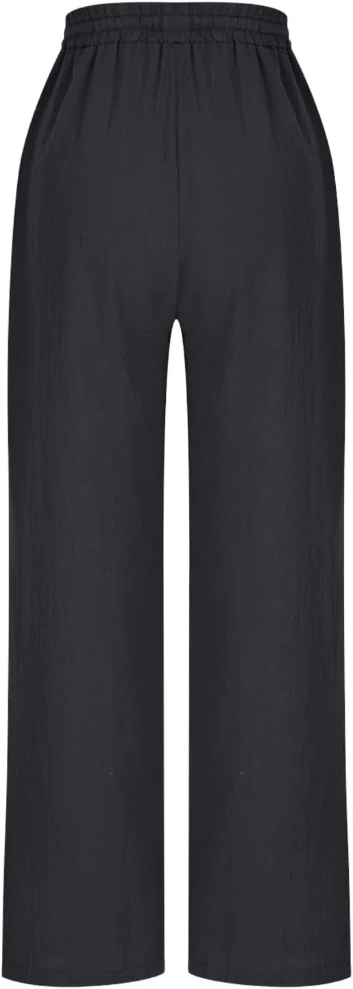 Women Cotton Linen Pants Summer Drawstring Elastic Waist Straight Trousers Casual Wide Leg Beach Pants with Pockets
