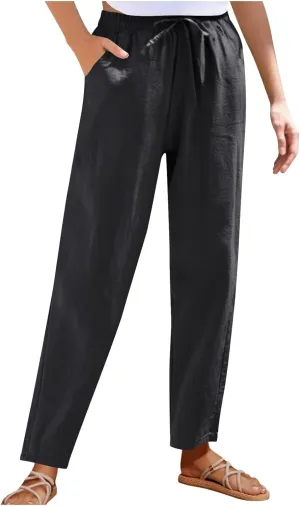 Women Cotton Linen Pants Summer Drawstring Elastic Waist Straight Trousers Casual Wide Leg Beach Pants with Pockets