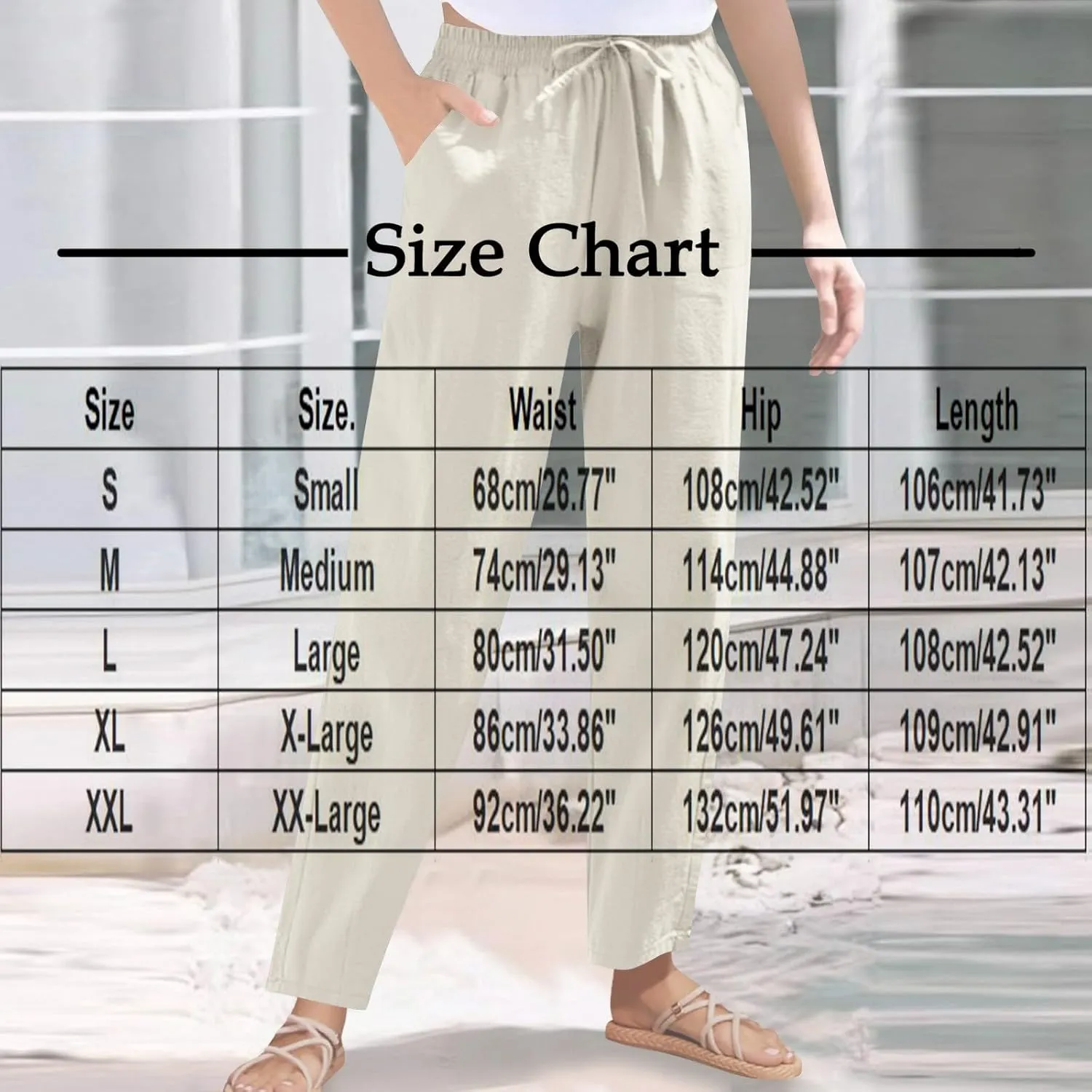 Women Cotton Linen Pants Summer Drawstring Elastic Waist Straight Trousers Casual Wide Leg Beach Pants with Pockets