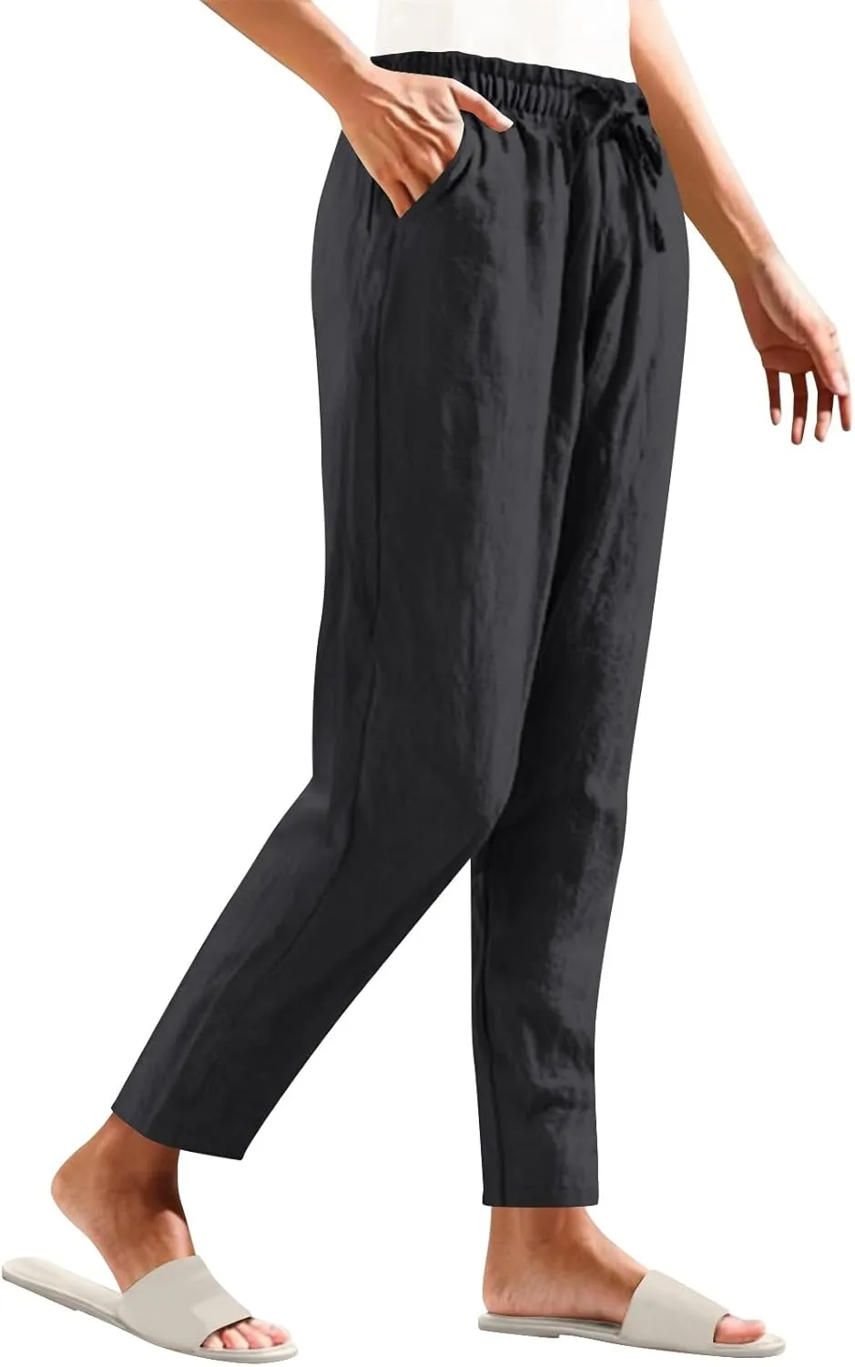 Women Cotton Linen Pants Summer Drawstring Elastic Waist Straight Trousers Casual Wide Leg Beach Pants with Pockets