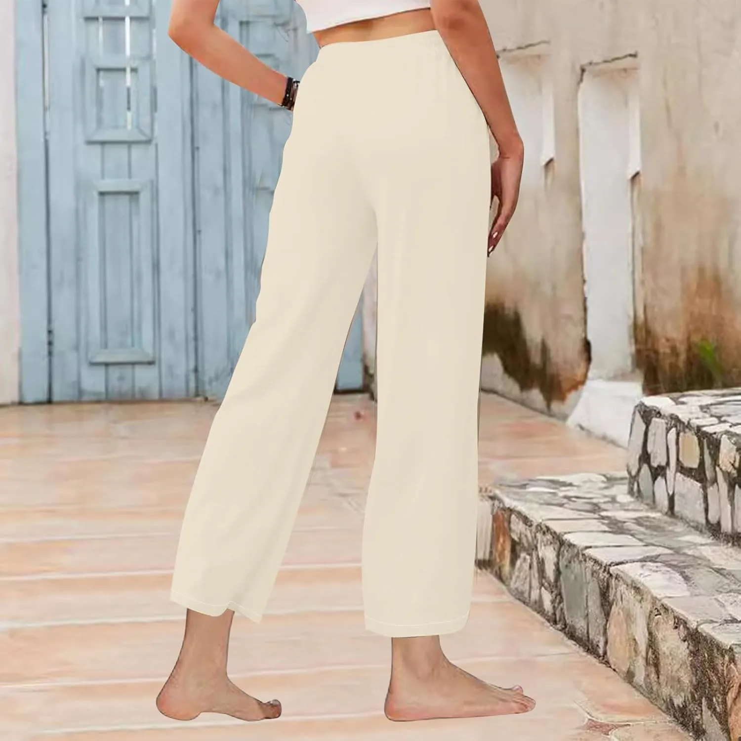 Women High Waisted Linen Pants Petite Summer Casual Pants Drawstring Straight Plus Size Lounge Trousers