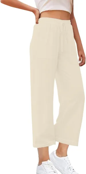Women High Waisted Linen Pants Petite Summer Casual Pants Drawstring Straight Plus Size Lounge Trousers