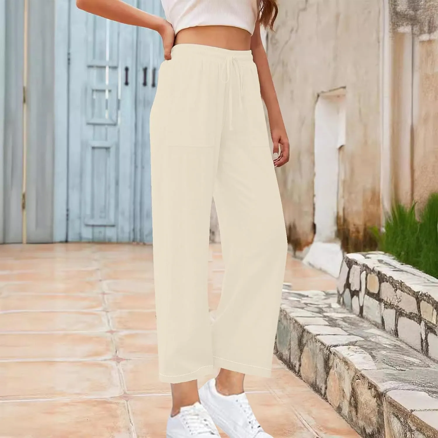 Women High Waisted Linen Pants Petite Summer Casual Pants Drawstring Straight Plus Size Lounge Trousers