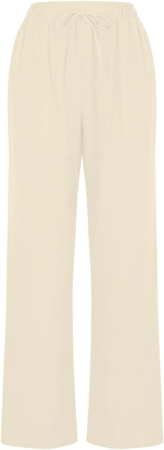 Women High Waisted Linen Pants Petite Summer Casual Pants Drawstring Straight Plus Size Lounge Trousers