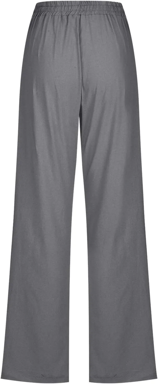 Women High Waisted Wide Leg Pants Casual Drawstring Elastic Trousers Comfy Straight Leg Cotton Jogging Pants for Women