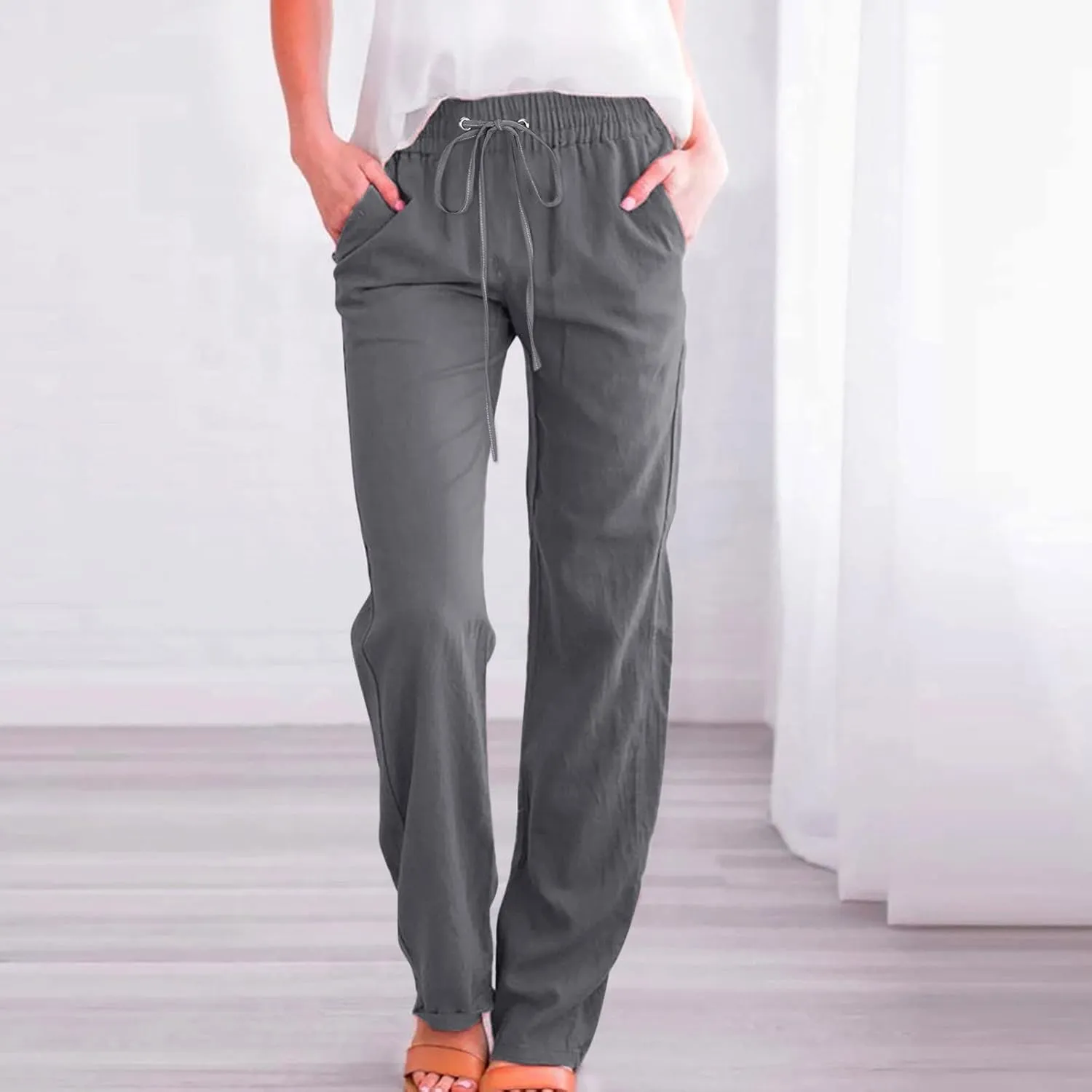 Women High Waisted Wide Leg Pants Casual Drawstring Elastic Trousers Comfy Straight Leg Cotton Jogging Pants for Women