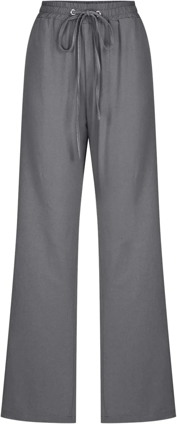 Women High Waisted Wide Leg Pants Casual Drawstring Elastic Trousers Comfy Straight Leg Cotton Jogging Pants for Women
