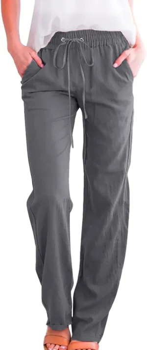 Women High Waisted Wide Leg Pants Casual Drawstring Elastic Trousers Comfy Straight Leg Cotton Jogging Pants for Women