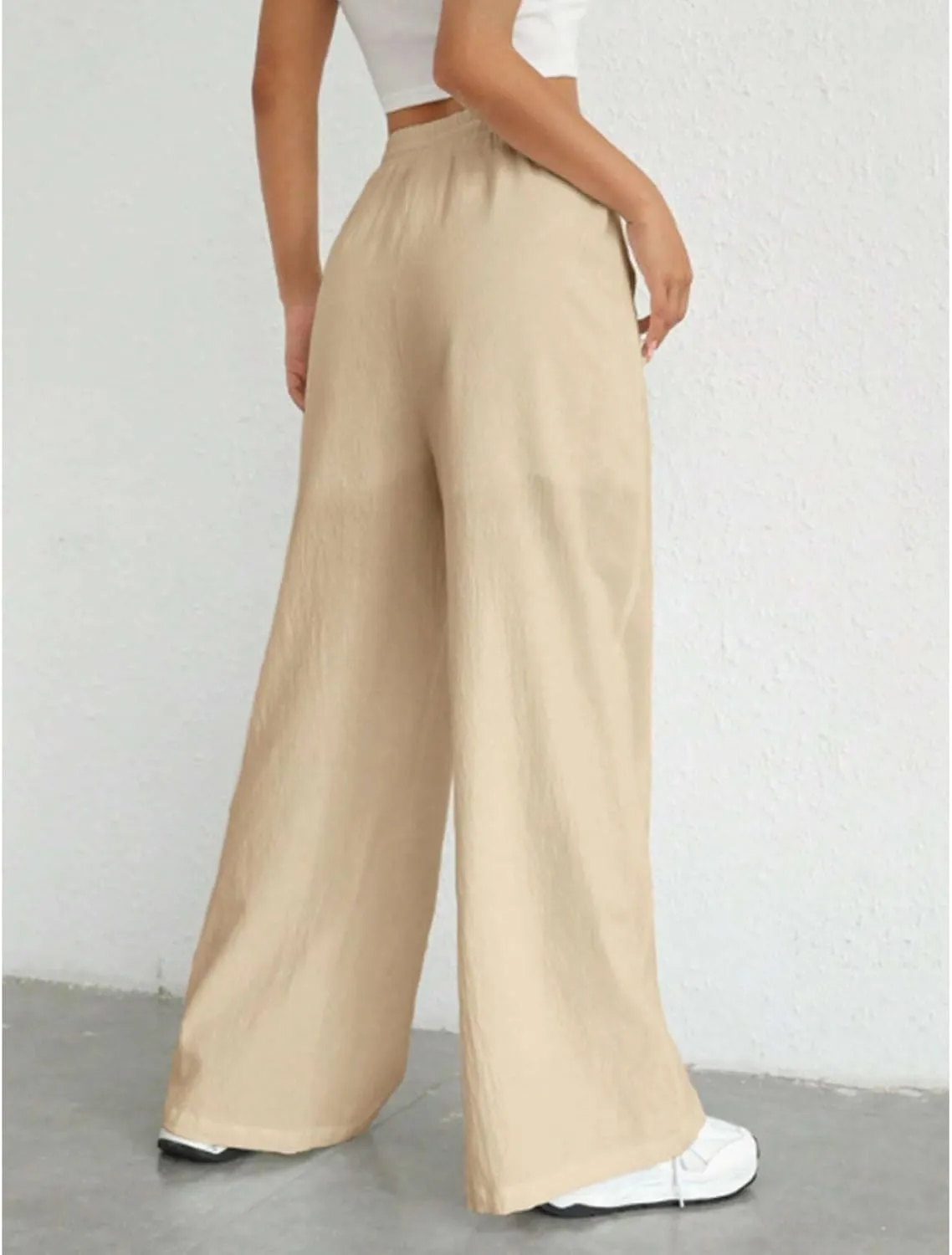 Women Linen Palazzo Pants Wide Leg High Waist Pant Summer Loose Casual Drawstring Pant Going Out Trousers with Pocket