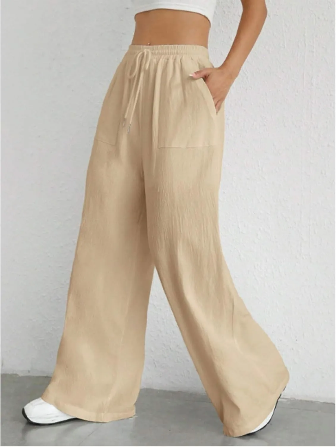 Women Linen Palazzo Pants Wide Leg High Waist Pant Summer Loose Casual Drawstring Pant Going Out Trousers with Pocket