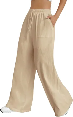 Women Linen Palazzo Pants Wide Leg High Waist Pant Summer Loose Casual Drawstring Pant Going Out Trousers with Pocket