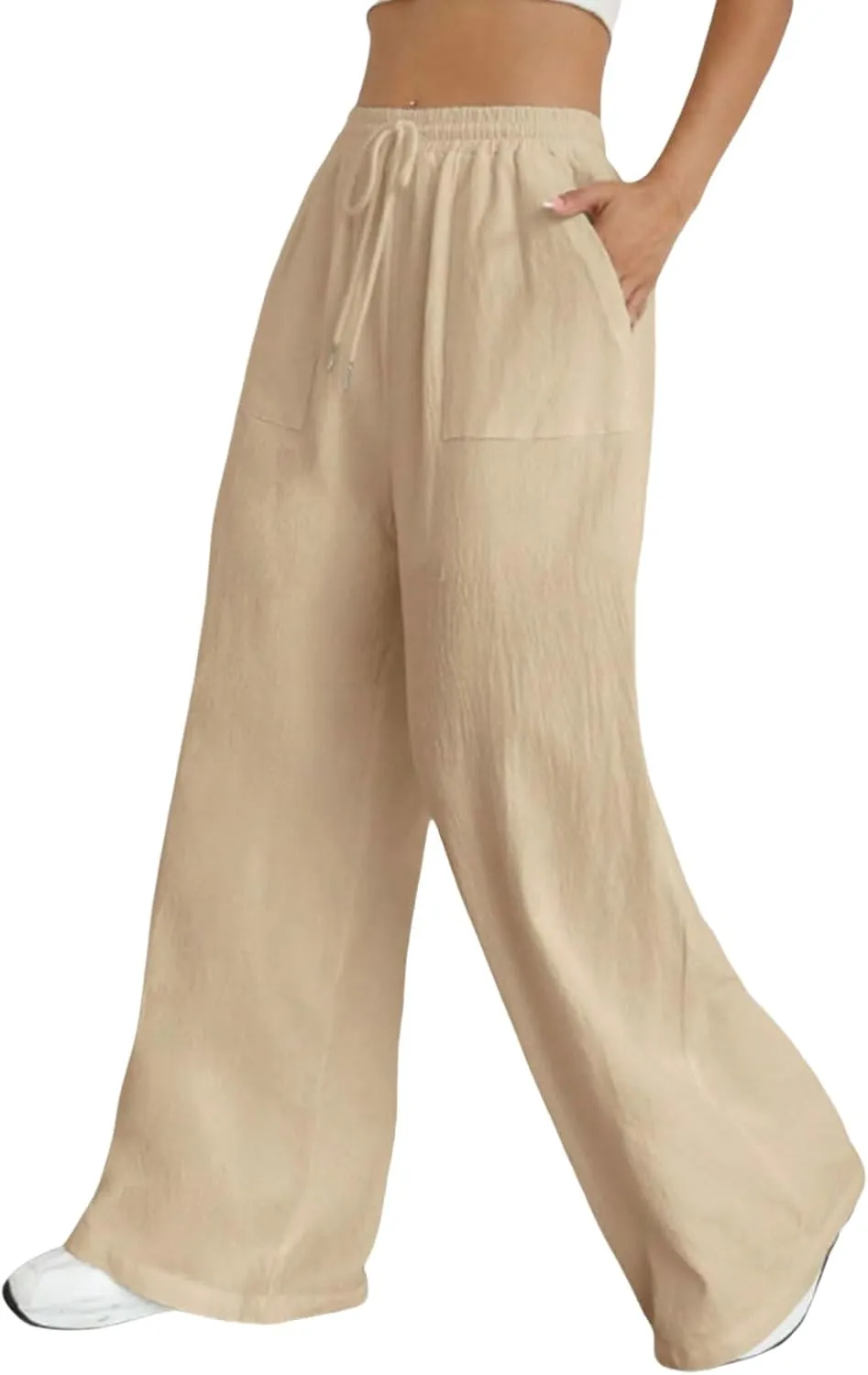 Women Linen Palazzo Pants Wide Leg High Waist Pant Summer Loose Casual Drawstring Pant Going Out Trousers with Pocket