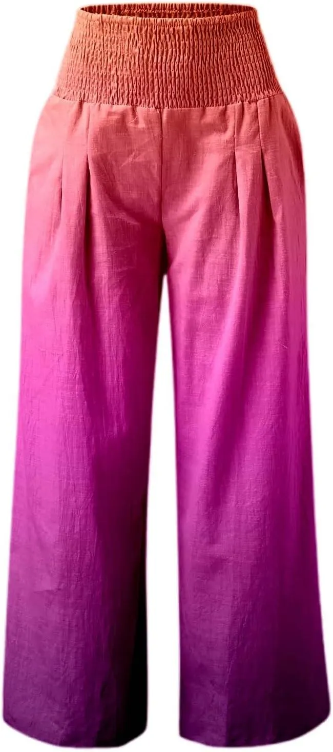 Women Linen Pants 2025 Summer Casual Loose Wide Leg Palazzo Pants Smocked High Waist Flowy Beach Trousers