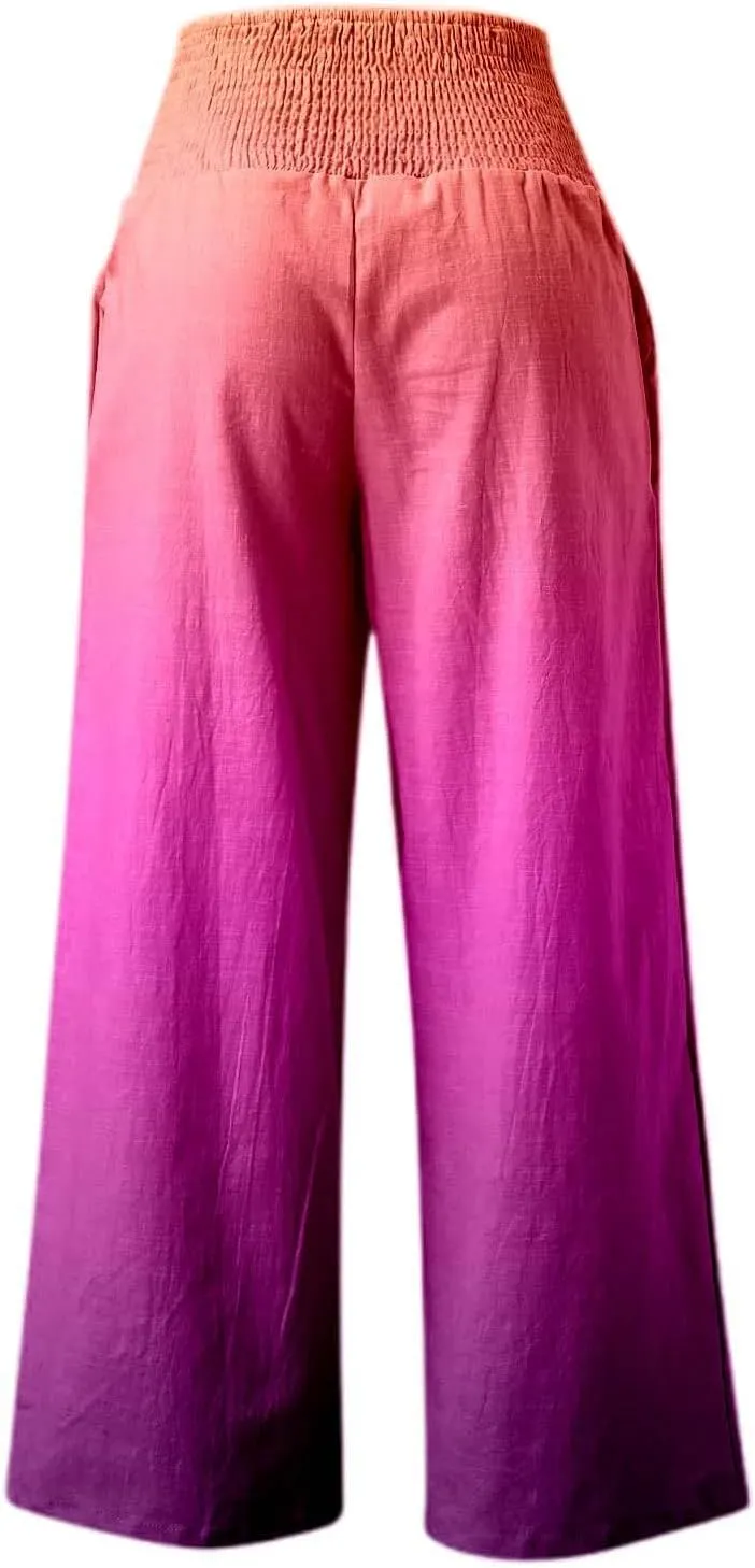 Women Linen Pants 2025 Summer Casual Loose Wide Leg Palazzo Pants Smocked High Waist Flowy Beach Trousers