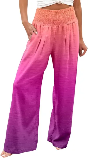 Women Linen Pants 2025 Summer Casual Loose Wide Leg Palazzo Pants Smocked High Waist Flowy Beach Trousers