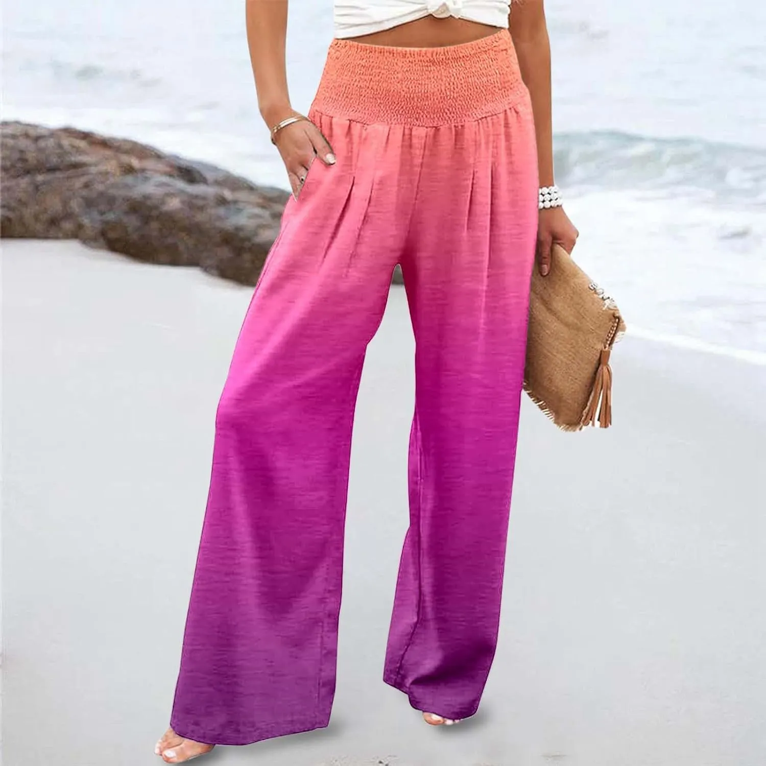 Women Linen Pants 2025 Summer Casual Loose Wide Leg Palazzo Pants Smocked High Waist Flowy Beach Trousers