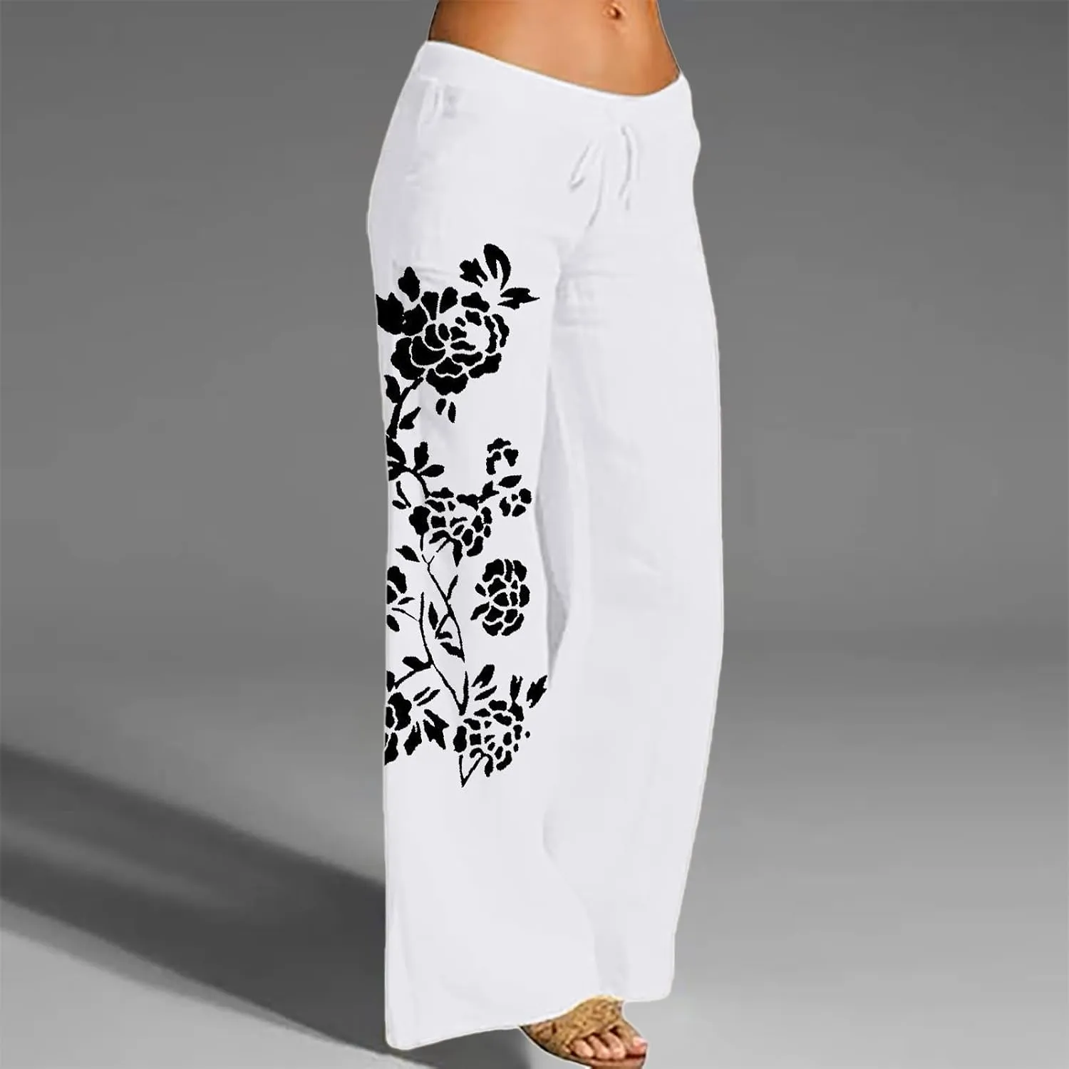 Women Linen Pants 2025 Summer Drawstring High Waisted Wide Leg Pants Lounge Beach Trousers with Pockets