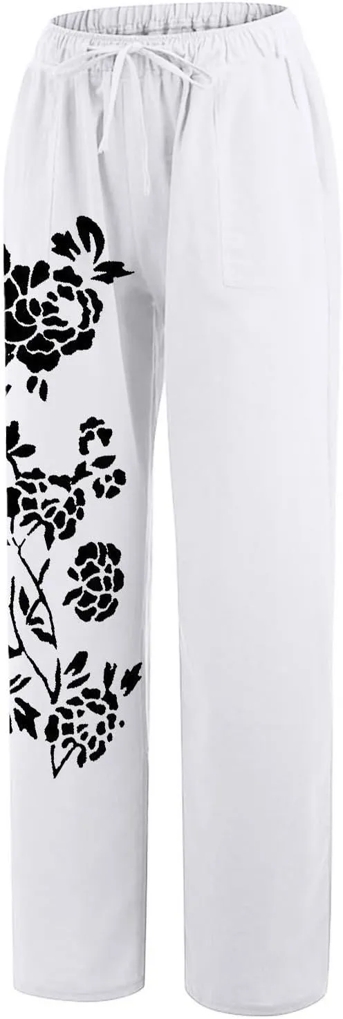 Women Linen Pants 2025 Summer Drawstring High Waisted Wide Leg Pants Lounge Beach Trousers with Pockets