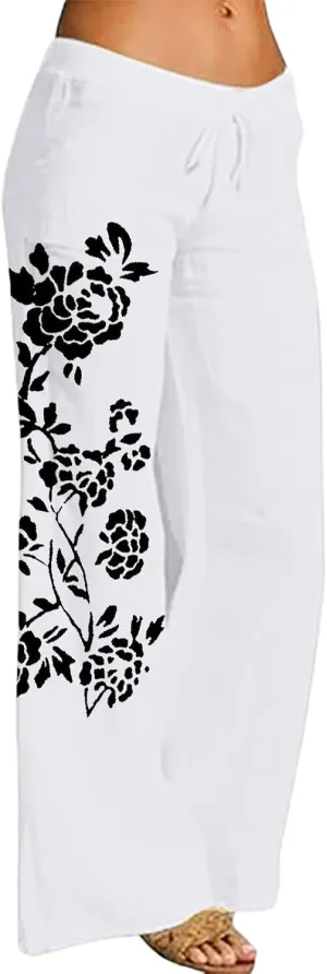 Women Linen Pants 2025 Summer Drawstring High Waisted Wide Leg Pants Lounge Beach Trousers with Pockets