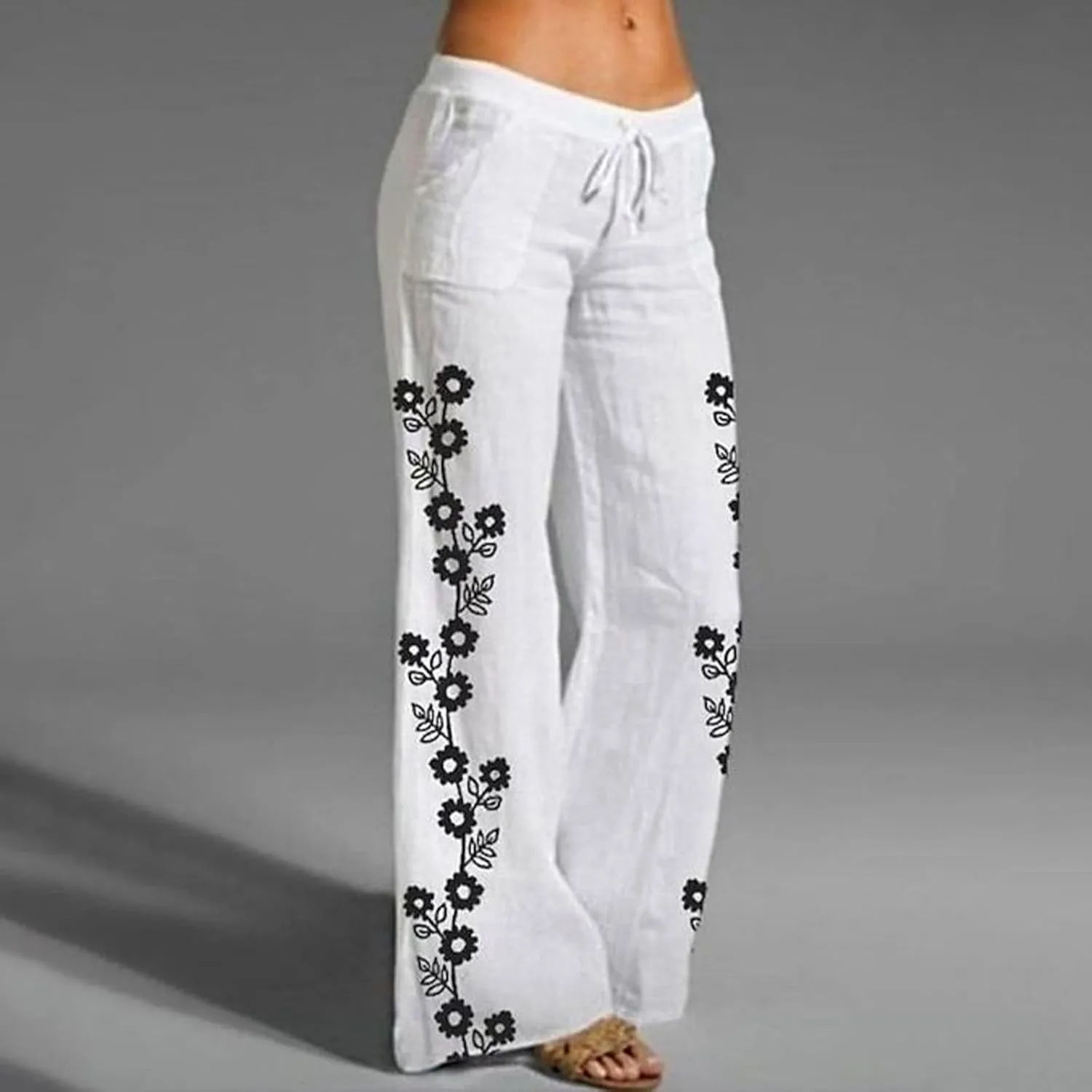 Women Linen Pants 2025 Summer Drawstring High Waisted Wide Leg Pants Lounge Beach Trousers with Pockets