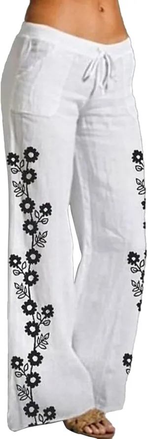 Women Linen Pants 2025 Summer Drawstring High Waisted Wide Leg Pants Lounge Beach Trousers with Pockets