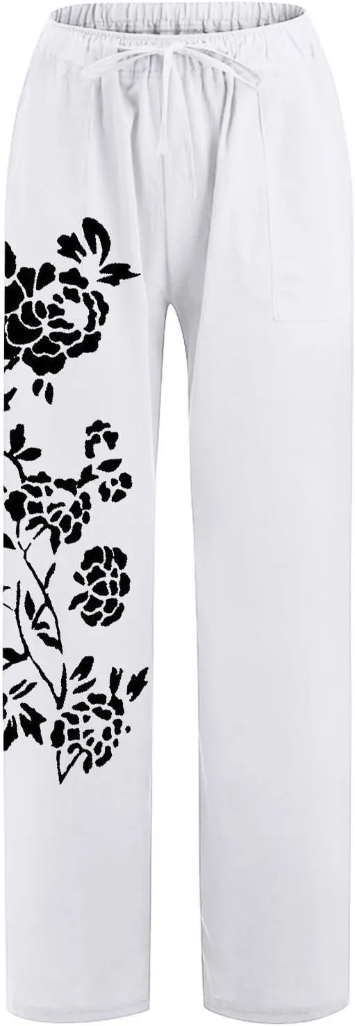 Women Linen Pants 2025 Summer Drawstring High Waisted Wide Leg Pants Lounge Beach Trousers with Pockets