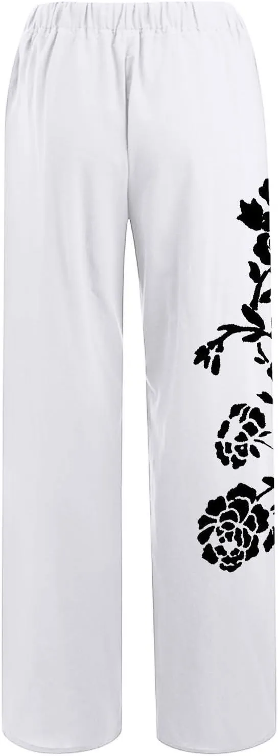 Women Linen Pants 2025 Summer Drawstring High Waisted Wide Leg Pants Lounge Beach Trousers with Pockets