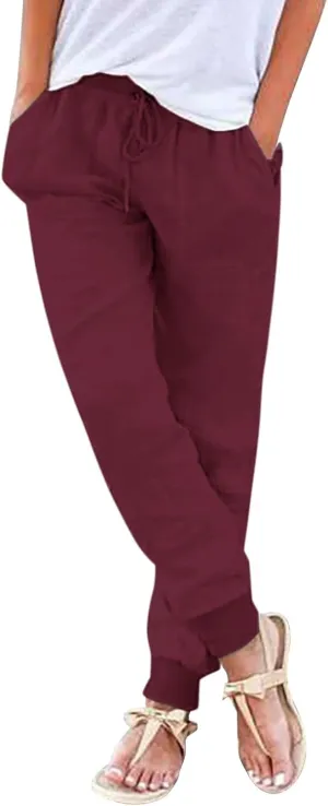 Women Linen Pants Drawstring Elastic Waist Summer Casual Beach Pants with Pockets Wide Leg Palazzo Trouser for Vacation