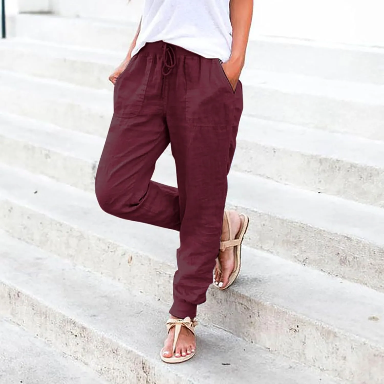 Women Linen Pants Drawstring Elastic Waist Summer Casual Beach Pants with Pockets Wide Leg Palazzo Trouser for Vacation