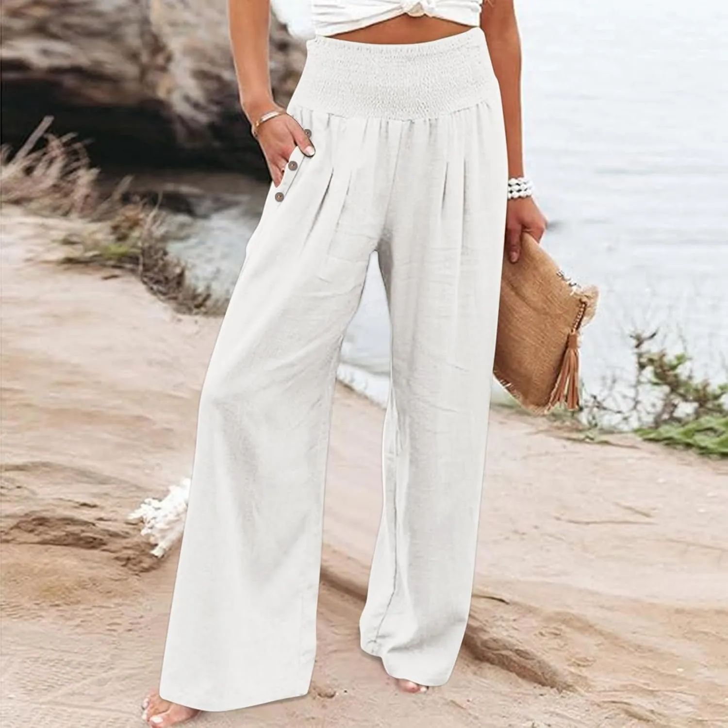 Women Linen Pants Summer Casual Wide Leg Pants Drawstring Waist Cotton Loose Fit Palazzo Trousers with Pockets