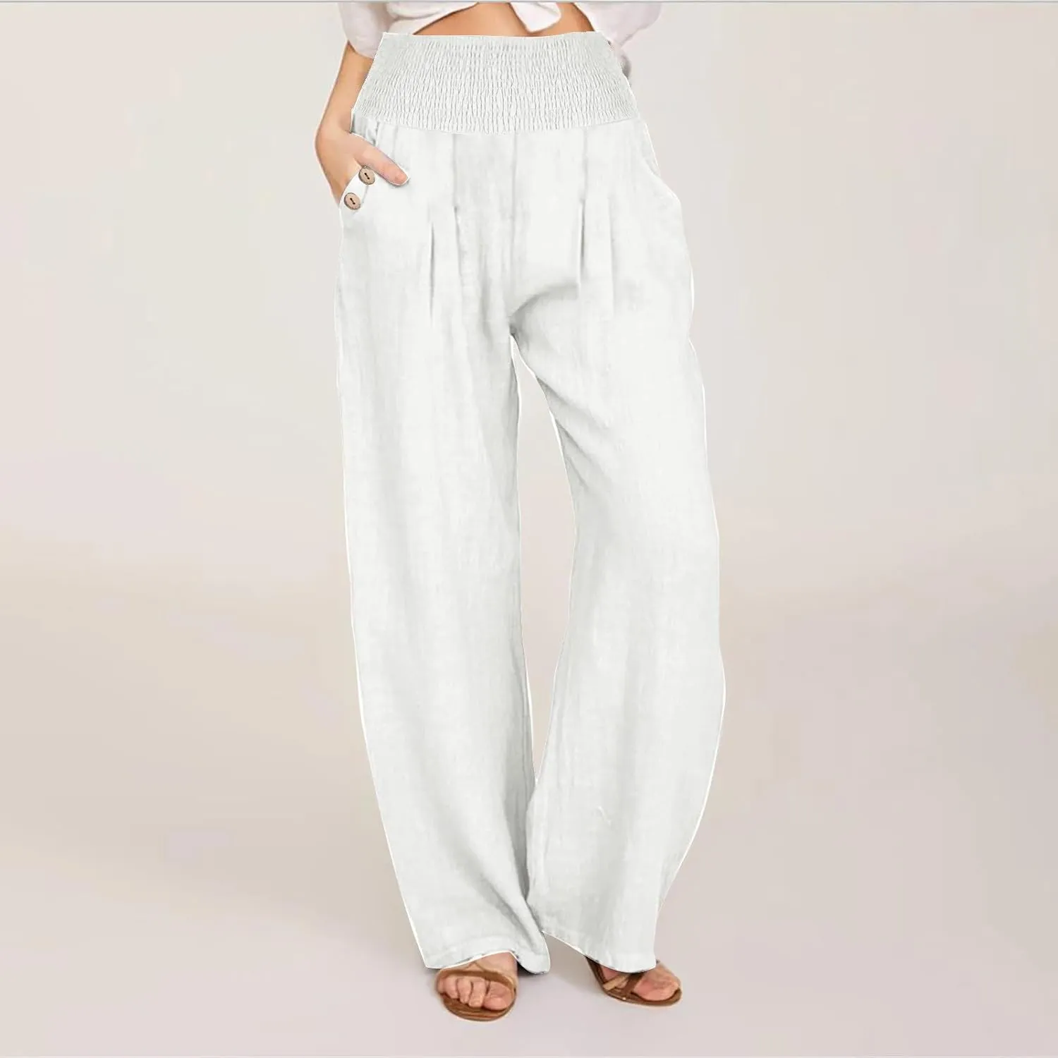 Women Linen Pants Summer Casual Wide Leg Pants Drawstring Waist Cotton Loose Fit Palazzo Trousers with Pockets