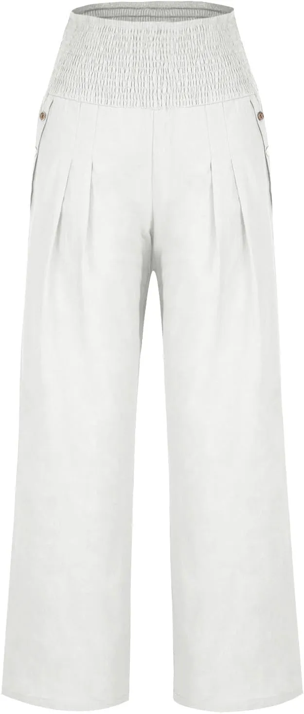 Women Linen Pants Summer Casual Wide Leg Pants Drawstring Waist Cotton Loose Fit Palazzo Trousers with Pockets