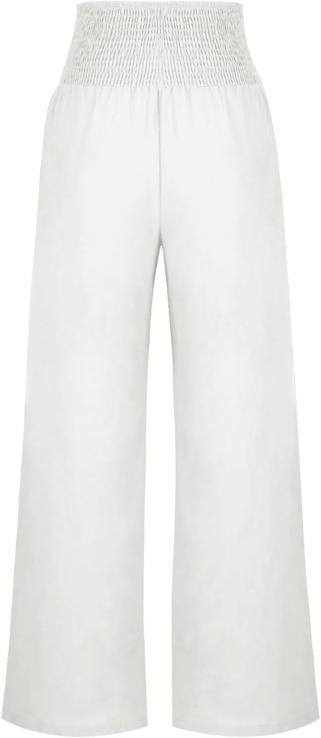 Women Linen Pants Summer Casual Wide Leg Pants Drawstring Waist Cotton Loose Fit Palazzo Trousers with Pockets