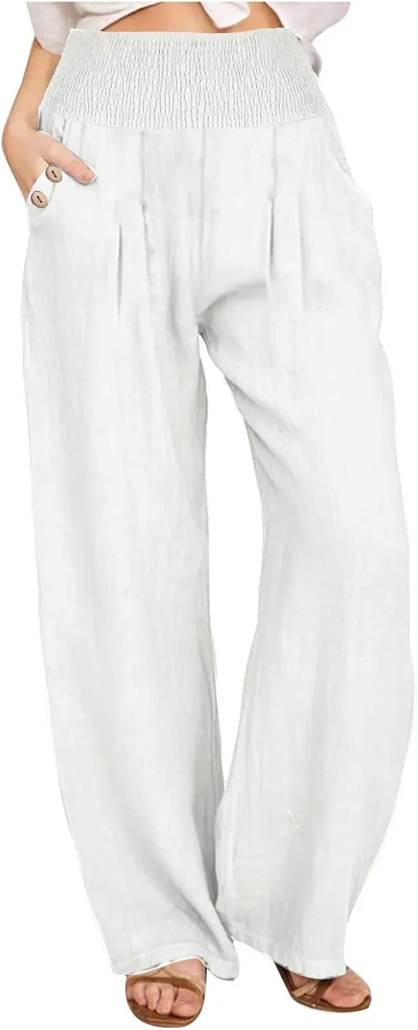 Women Linen Pants Summer Casual Wide Leg Pants Drawstring Waist Cotton Loose Fit Palazzo Trousers with Pockets