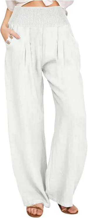 Women Linen Pants Summer Casual Wide Leg Pants Drawstring Waist Cotton Loose Fit Palazzo Trousers with Pockets