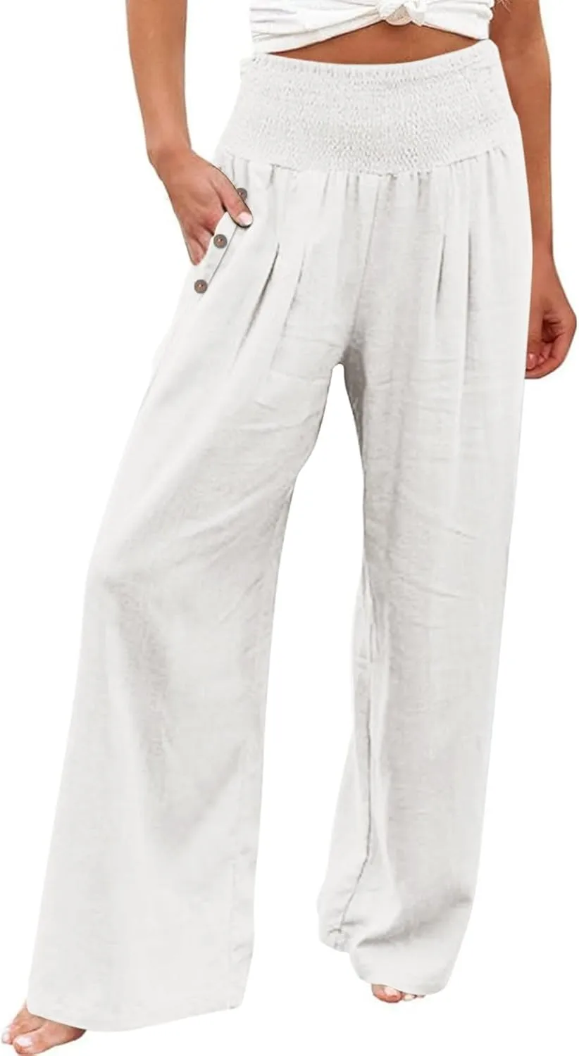 Women Linen Pants Summer Casual Wide Leg Pants Drawstring Waist Cotton Loose Fit Palazzo Trousers with Pockets