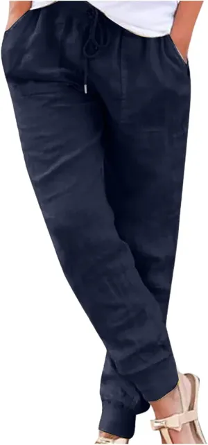 Women Linen Pants Summer Wide Leg Pants Lightweight Casual Palazzo Trouser with Pockets Baggy Solid Color Trousers