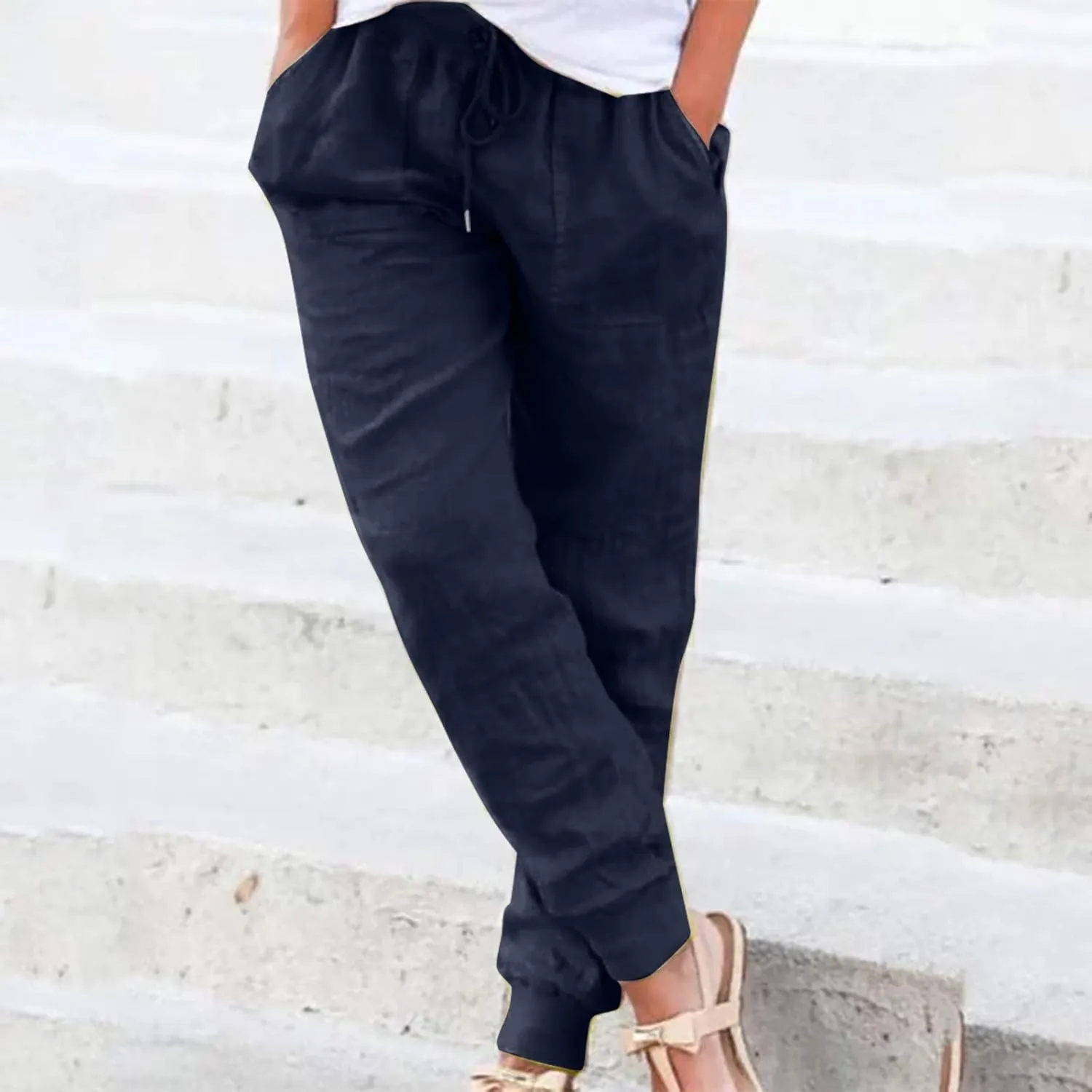 Women Linen Pants Summer Wide Leg Pants Lightweight Casual Palazzo Trouser with Pockets Baggy Solid Color Trousers