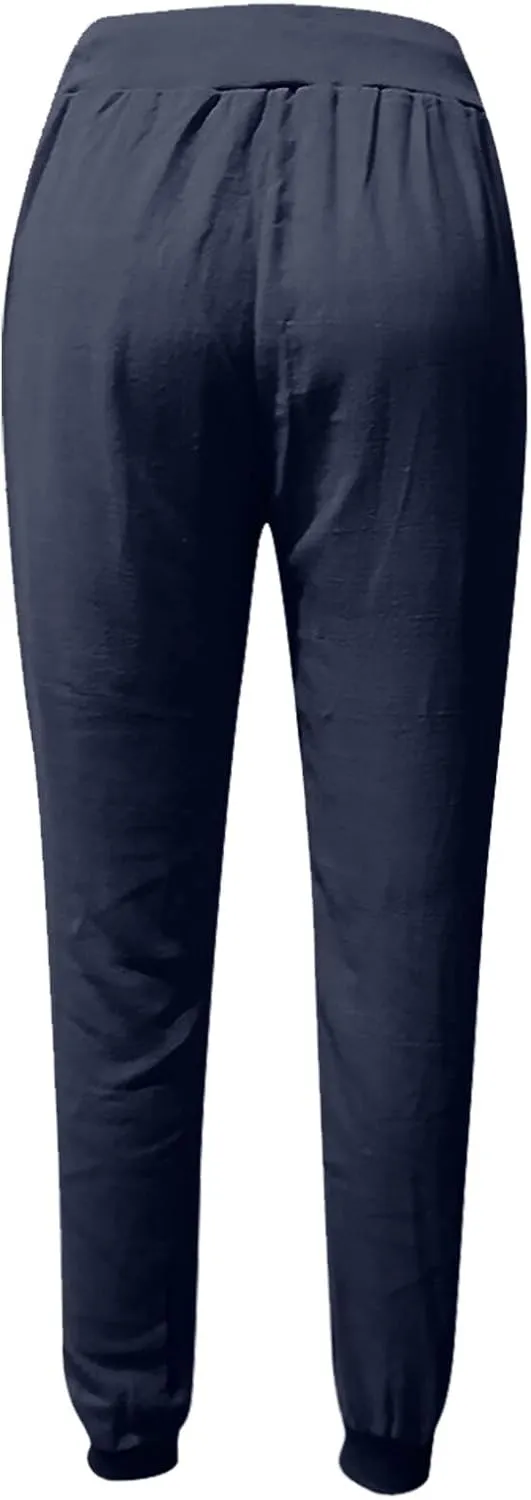 Women Linen Pants Summer Wide Leg Pants Lightweight Casual Palazzo Trouser with Pockets Baggy Solid Color Trousers