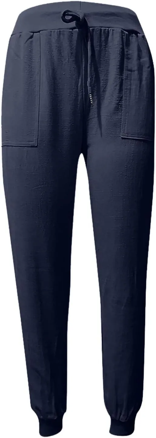 Women Linen Pants Summer Wide Leg Pants Lightweight Casual Palazzo Trouser with Pockets Baggy Solid Color Trousers