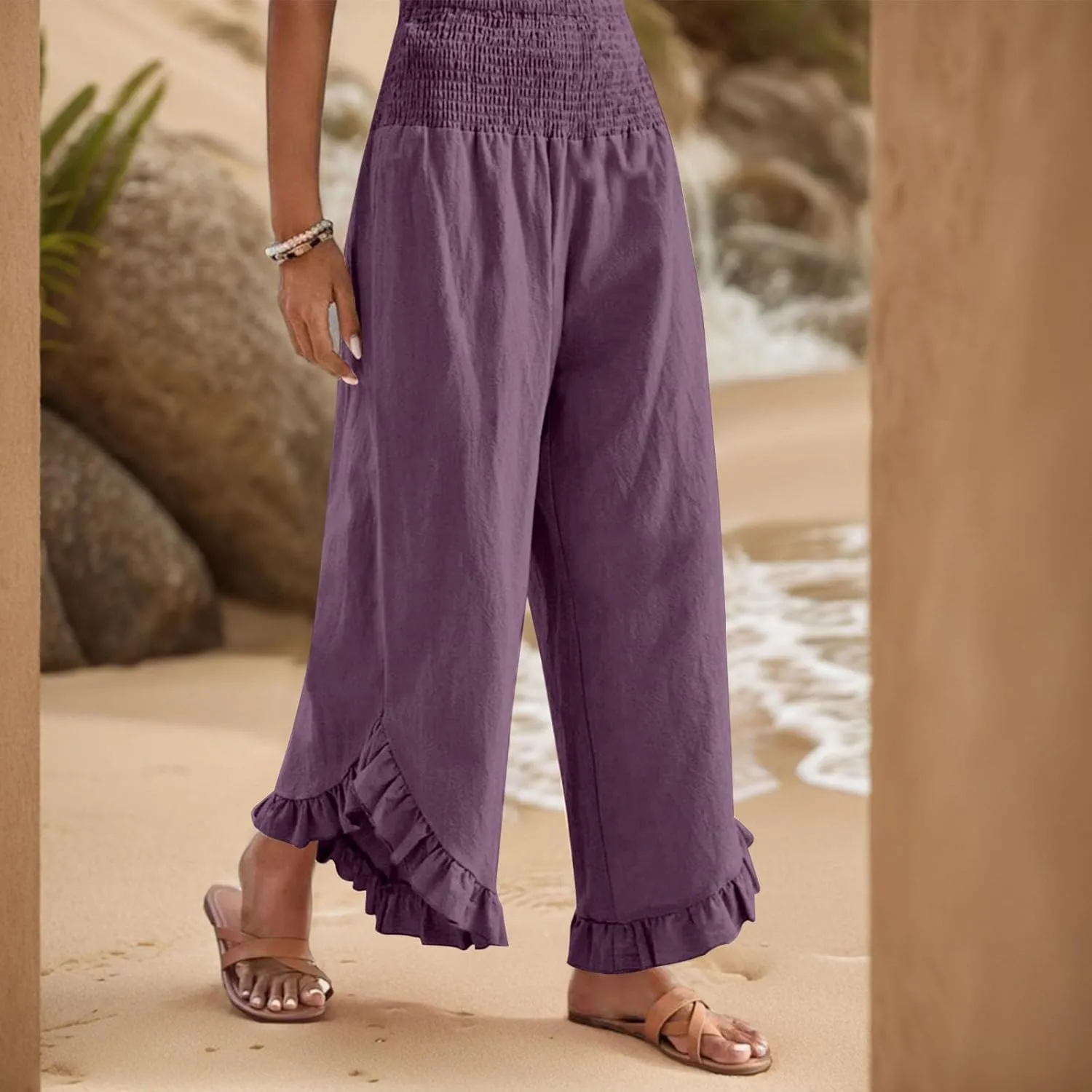 Women Linen Pants Summer Wide Leg Pants Smocked Waist Ruffle Palazzo Pant Flowy Beach Vacation Trouser with Pockets