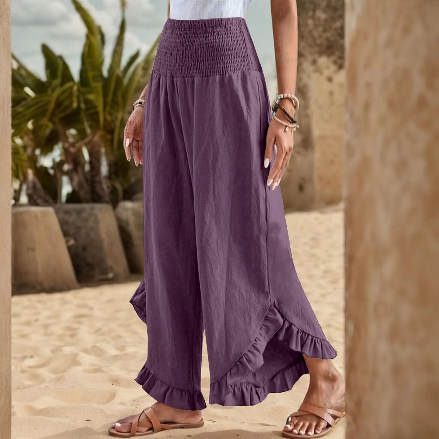 Women Linen Pants Summer Wide Leg Pants Smocked Waist Ruffle Palazzo Pant Flowy Beach Vacation Trouser with Pockets
