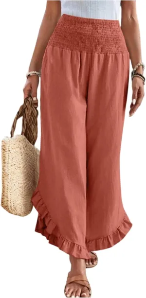 Women Linen Pants Summer Wide Leg Pants Smocked Waist Ruffle Palazzo Pant Flowy Beach Vacation Trouser with Pockets