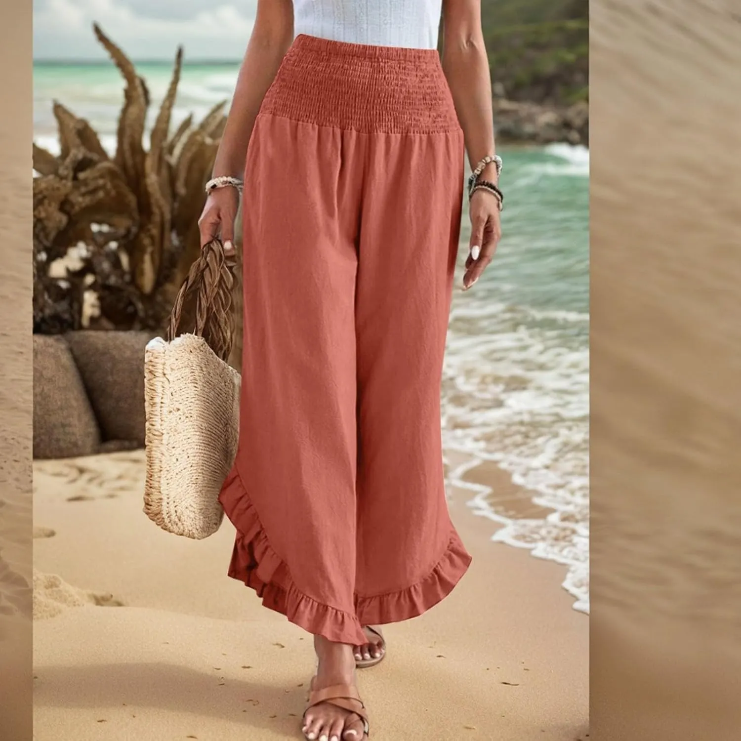 Women Linen Pants Summer Wide Leg Pants Smocked Waist Ruffle Palazzo Pant Flowy Beach Vacation Trouser with Pockets