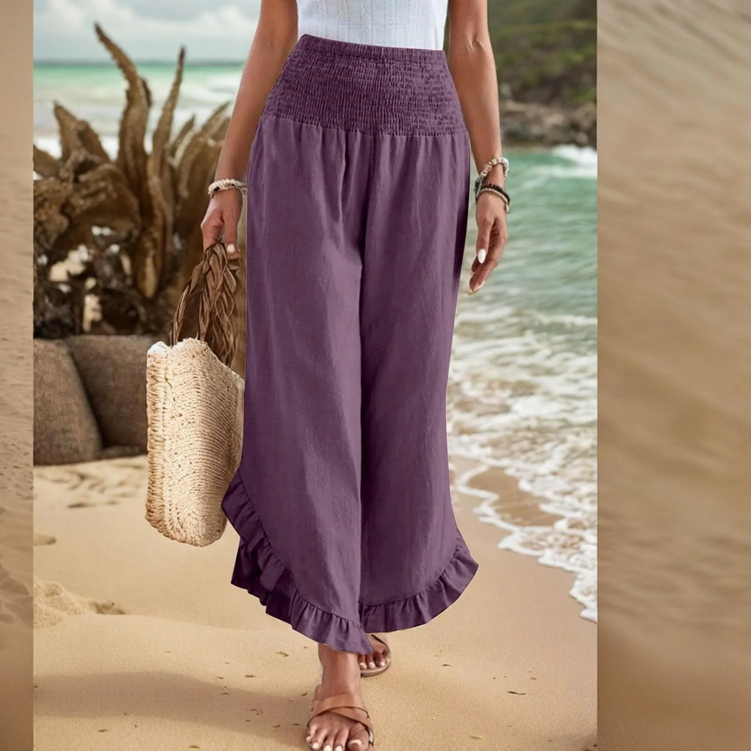Women Linen Pants Summer Wide Leg Pants Smocked Waist Ruffle Palazzo Pant Flowy Beach Vacation Trouser with Pockets