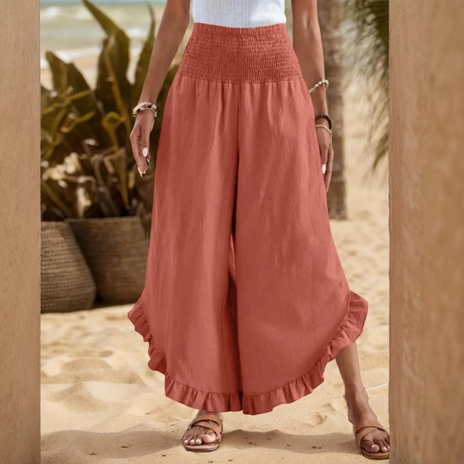 Women Linen Pants Summer Wide Leg Pants Smocked Waist Ruffle Palazzo Pant Flowy Beach Vacation Trouser with Pockets