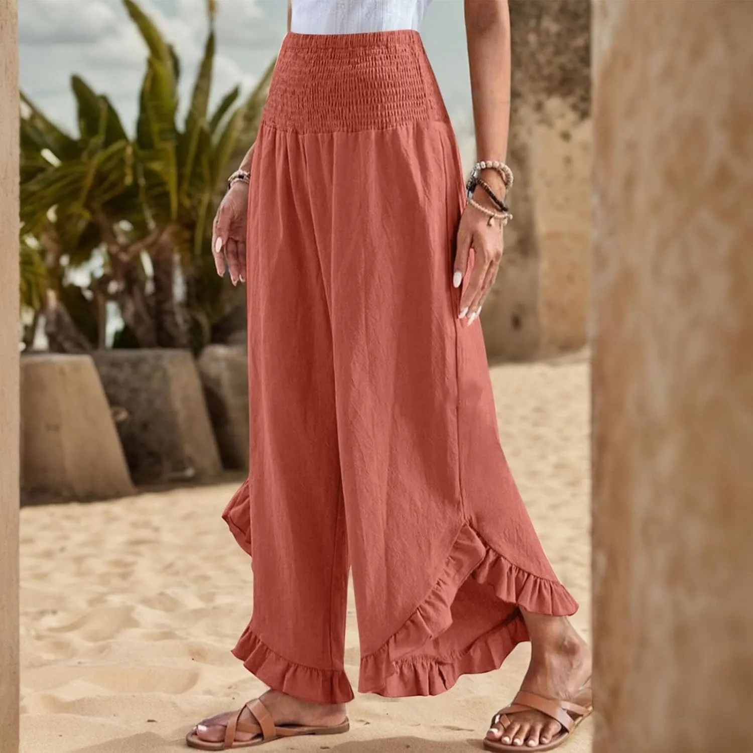 Women Linen Pants Summer Wide Leg Pants Smocked Waist Ruffle Palazzo Pant Flowy Beach Vacation Trouser with Pockets