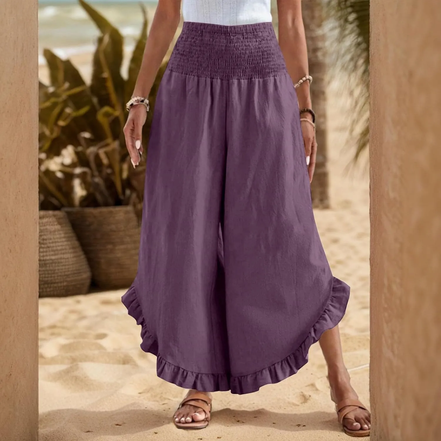 Women Linen Pants Summer Wide Leg Pants Smocked Waist Ruffle Palazzo Pant Flowy Beach Vacation Trouser with Pockets
